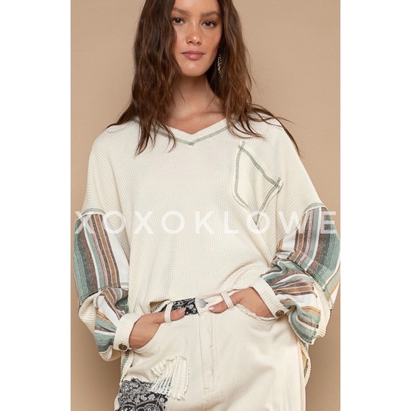 POL Tops - POL Cream Waffle Knit Oversized Top | Striped Long Sleeve Pullover Thermal